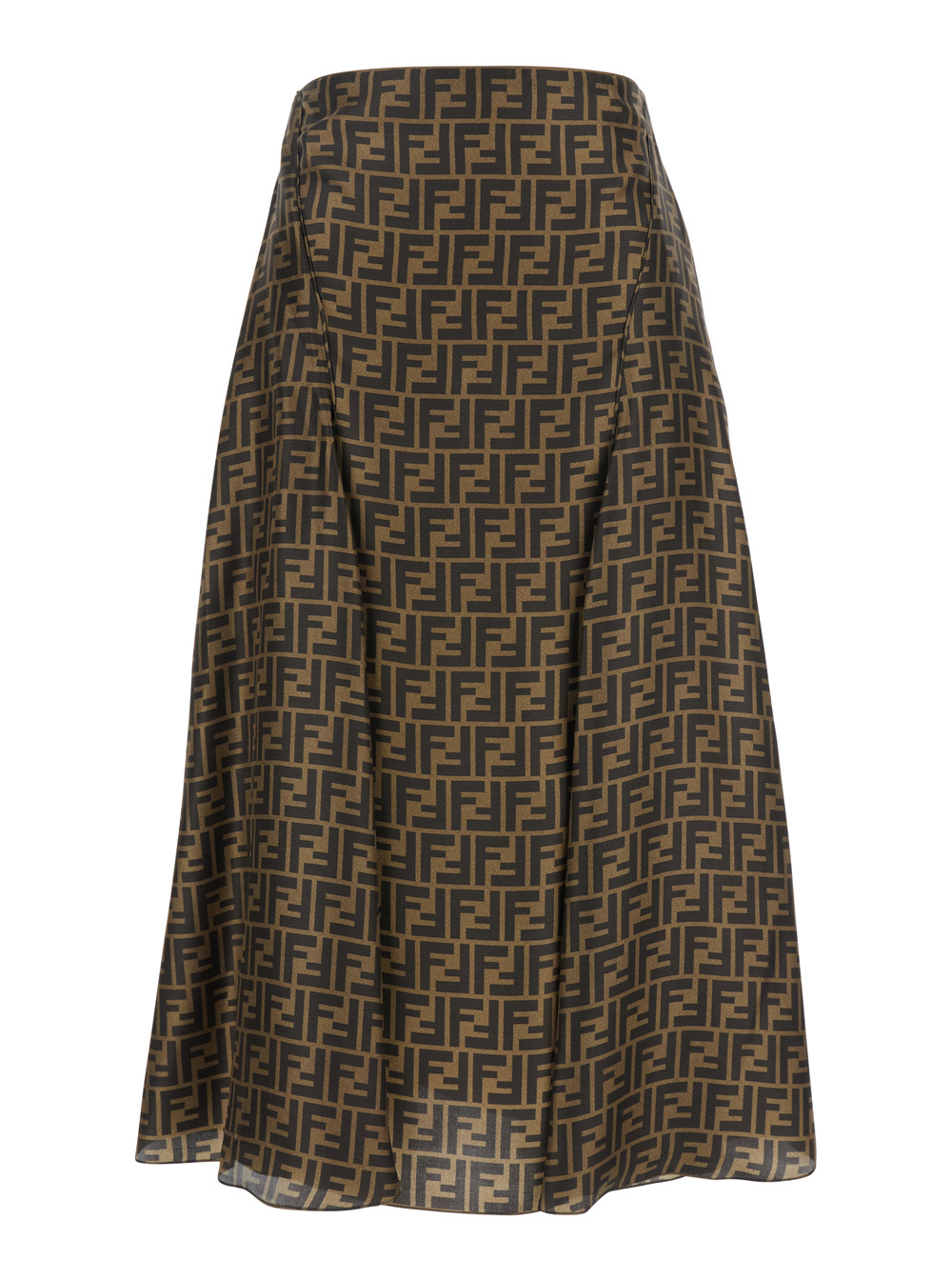 Brown Flared Midi Skirt with All-Over FF Motif in Silk Woman
