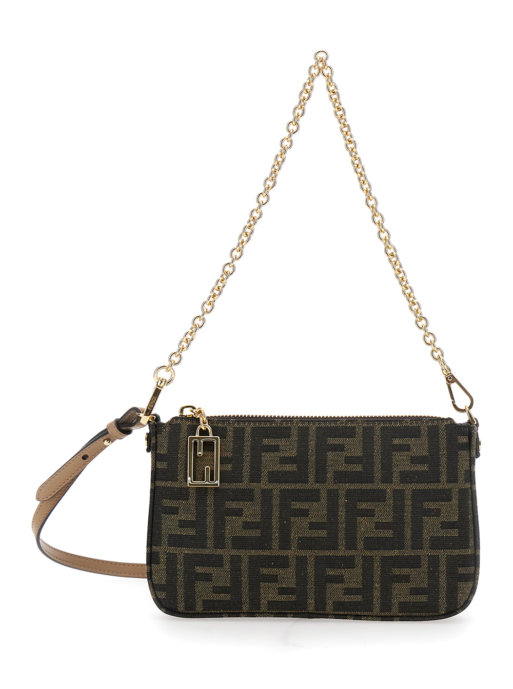 Brown Handbags with Chain Strap and FF All-Over Motif in Fabric Woman