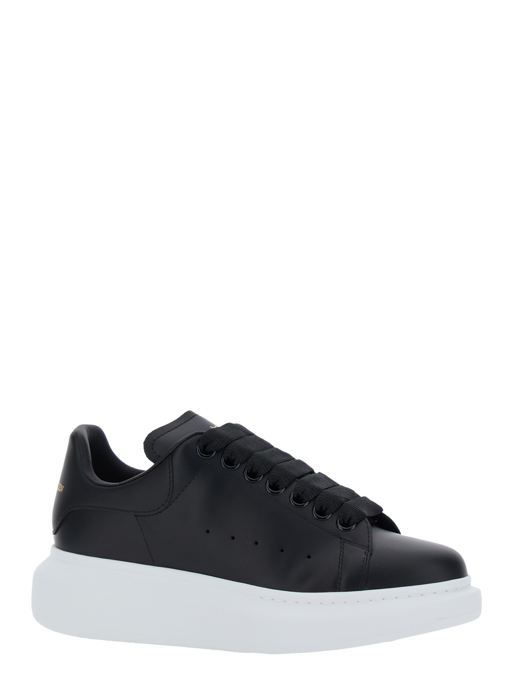 Black Low Top Sneakers with Logo Lettering on Tongue and Heel in Leather Woman hover