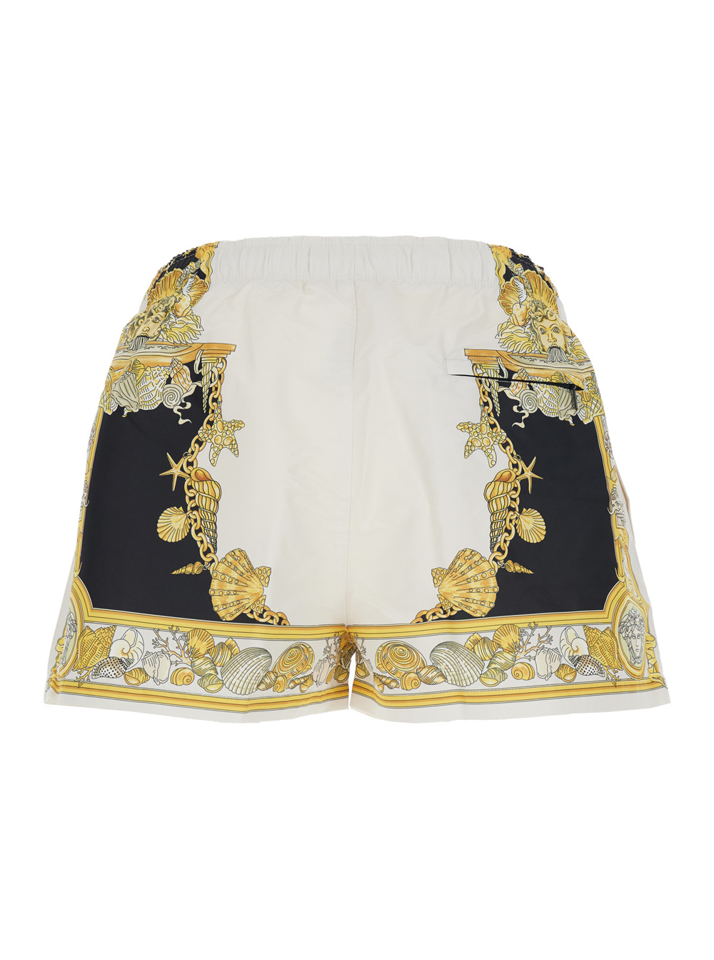 White Swim Shorts with Elastic Drawstring Waist and Coral Theatre Print in Tech Fabric Man