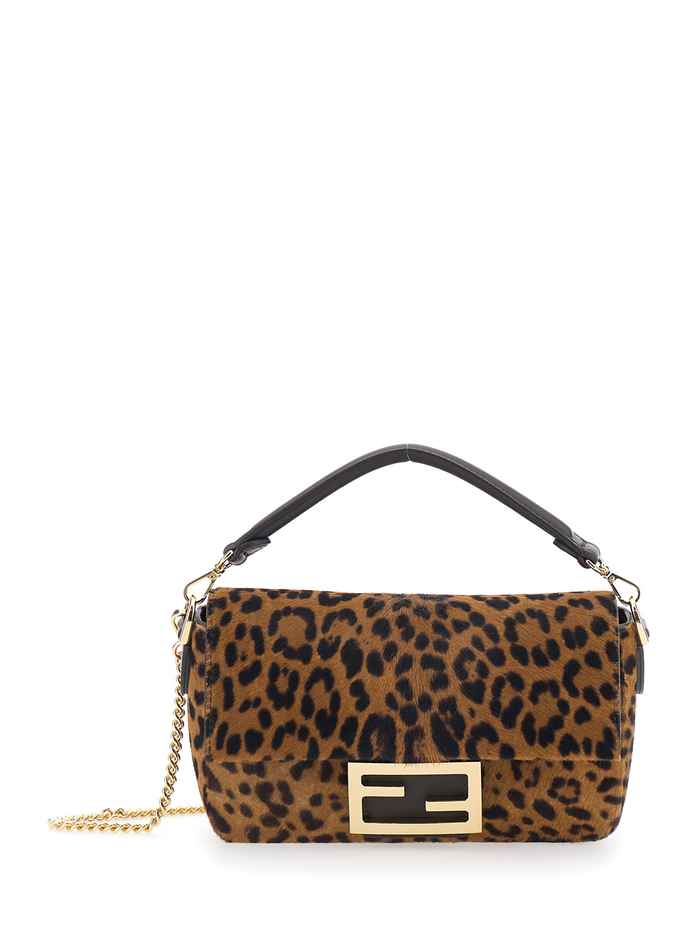 Baguette Brown Handbag with Removable Chain Shoulder Strap and All-Over Leopard Motif in Leather Woman
