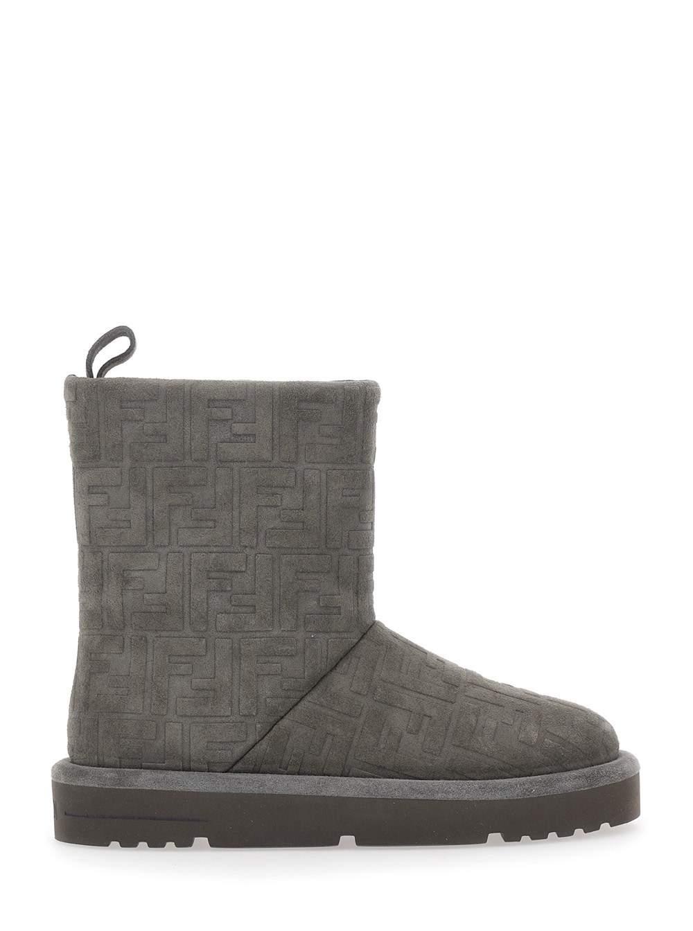 Grey Ankle Boots with Logo Lettering on the Rear and All-Over FF Motif in Suede Woman