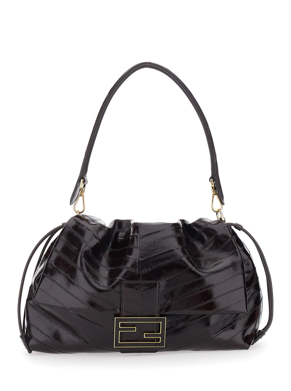 Mamma Baguette Medium Brown Shoulder Bag with FF Closure on the Front in Hagfish Leather Woman