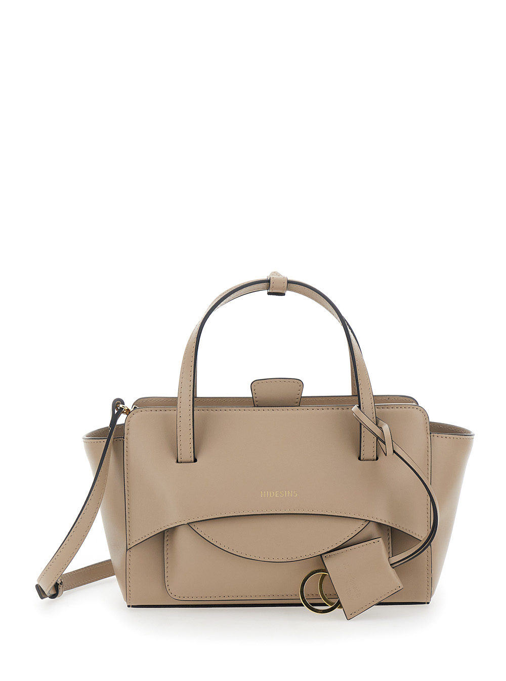 Beige Handbag with Adjustable and Removable Shoulder Strap and Logo Lettering on the Front in Leather Woman
