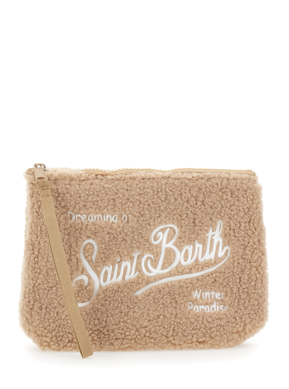 Aline Beige Clutch Bag with Teddy Effect and Maxi Logo Lettering on the Front and Back in Fabric Girl
