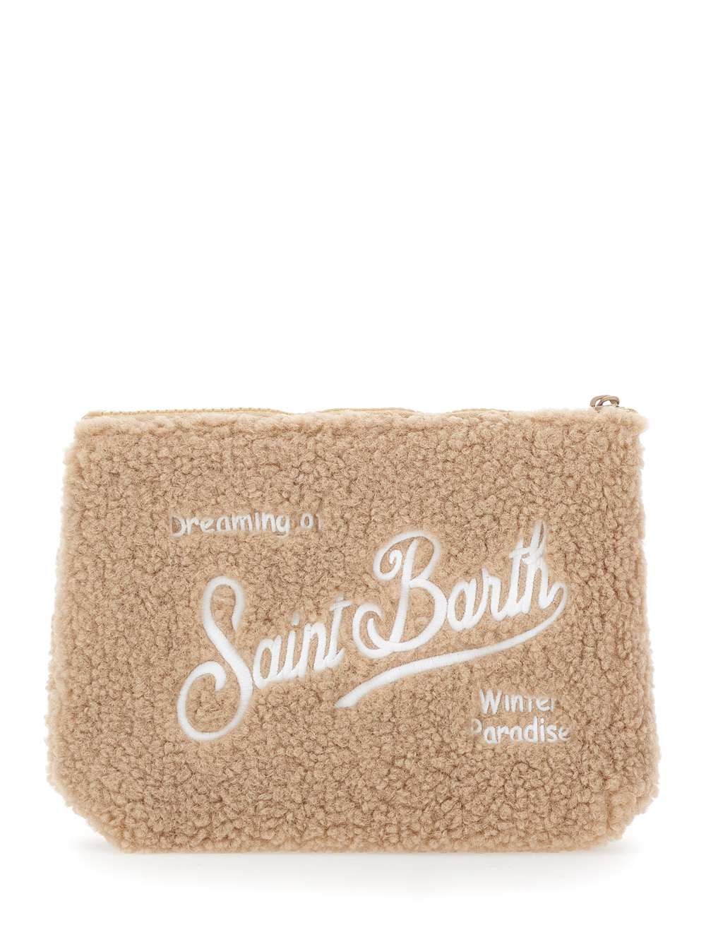 Aline Beige Clutch Bag with Teddy Effect and Maxi Logo Lettering on the Front and Back in Fabric Girl hover