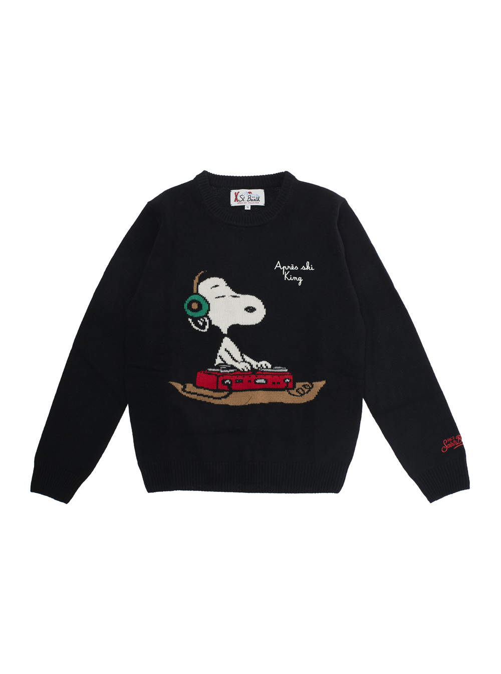 Black Crewneck Sweater with Maxi Embroidery on the Front and Logo Lettering on the Sleeve in Wool Blend Boy