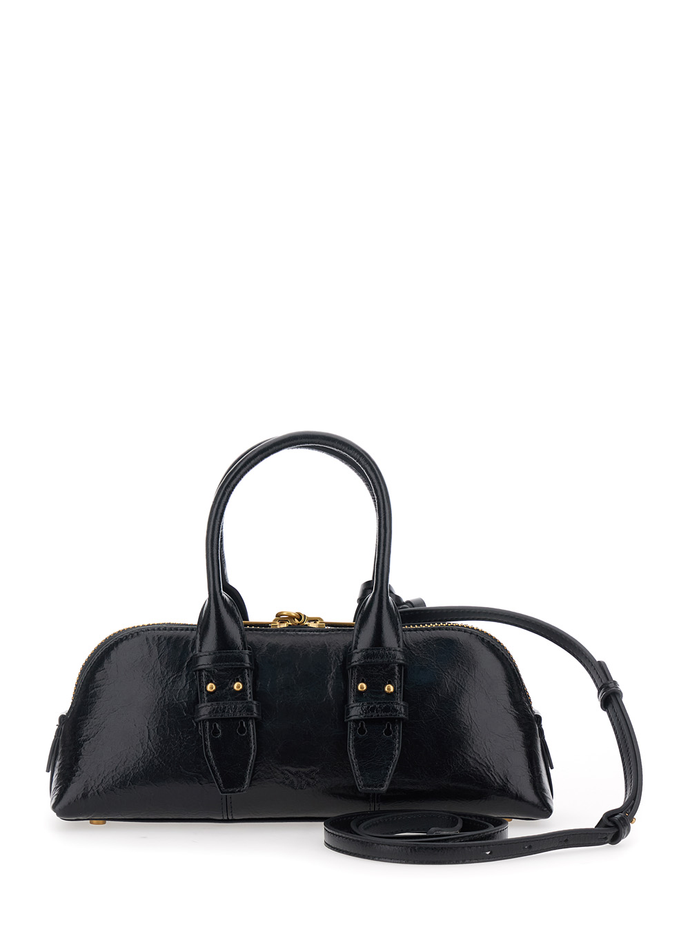 Bowling Black Handbag with Padlock Detail and Love Birds Logo on the Front in Leather Woman