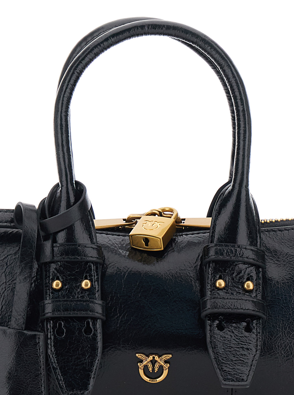 Bowling Black Handbag with Padlock Detail and Love Birds Logo on the Front in Leather Woman hover