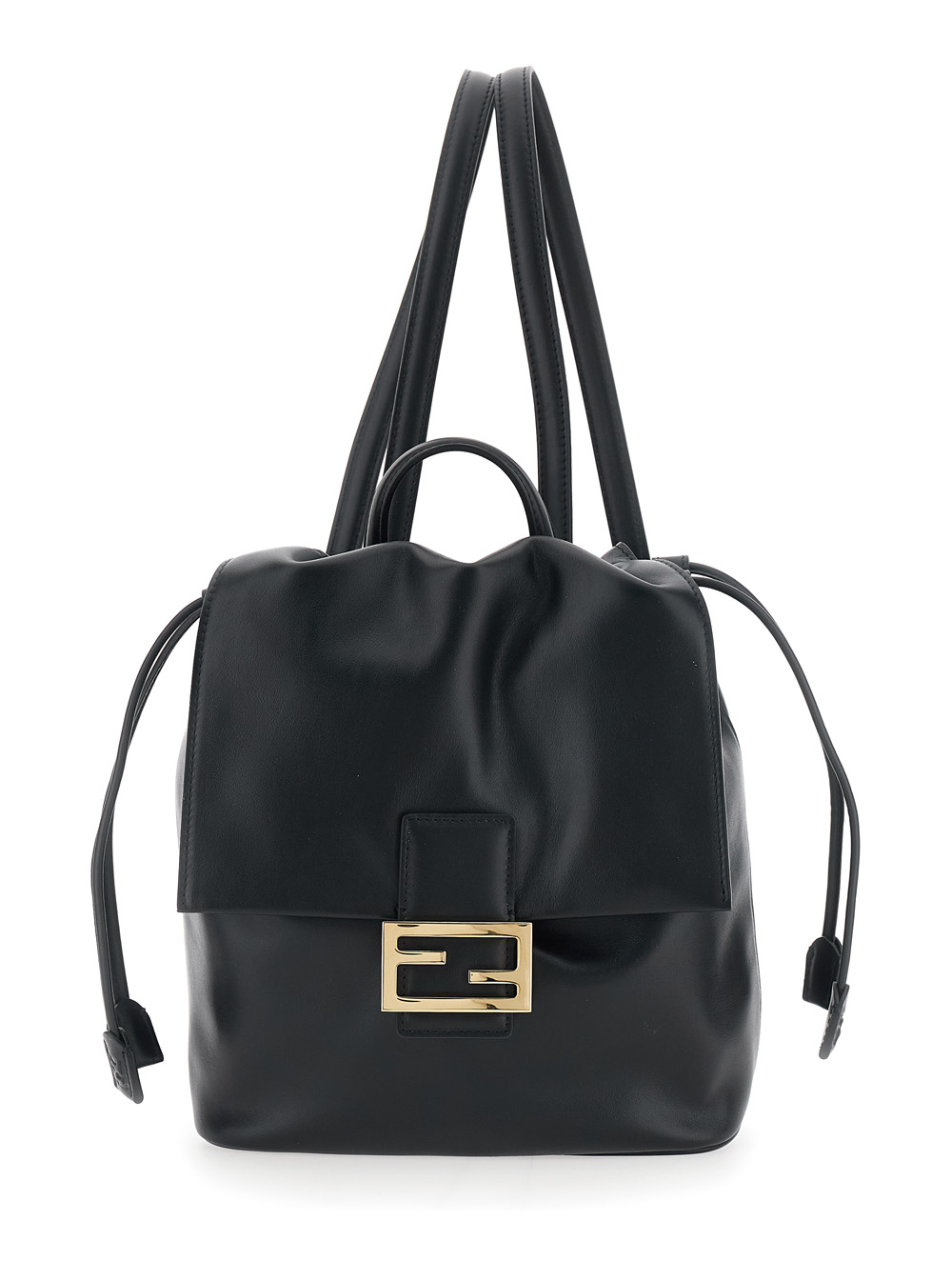 Black Backpack with FF Plaque Closure on the Front in Patent Leather Woman