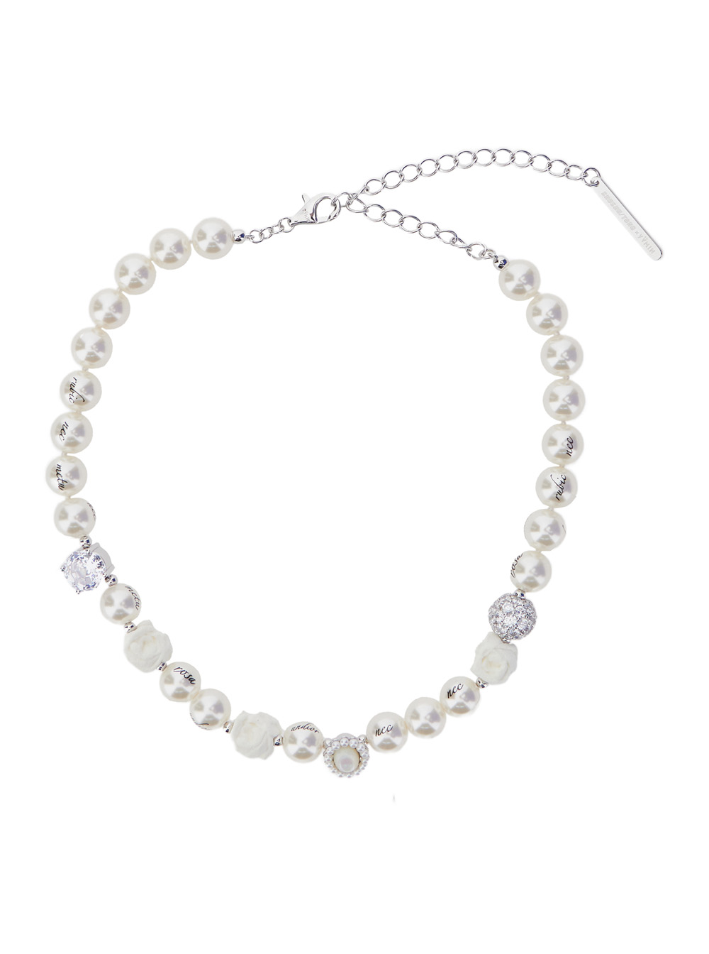 Silver-Colored Necklace with Beads Design and Rhinestone Decorations in Brass Woman