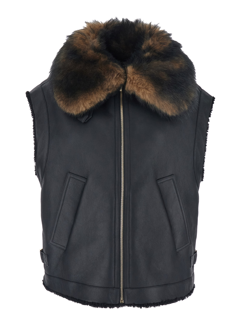 Black Sleeveless Shearling Jacket with Buckled Spread Collar in Leather and Fur Woman