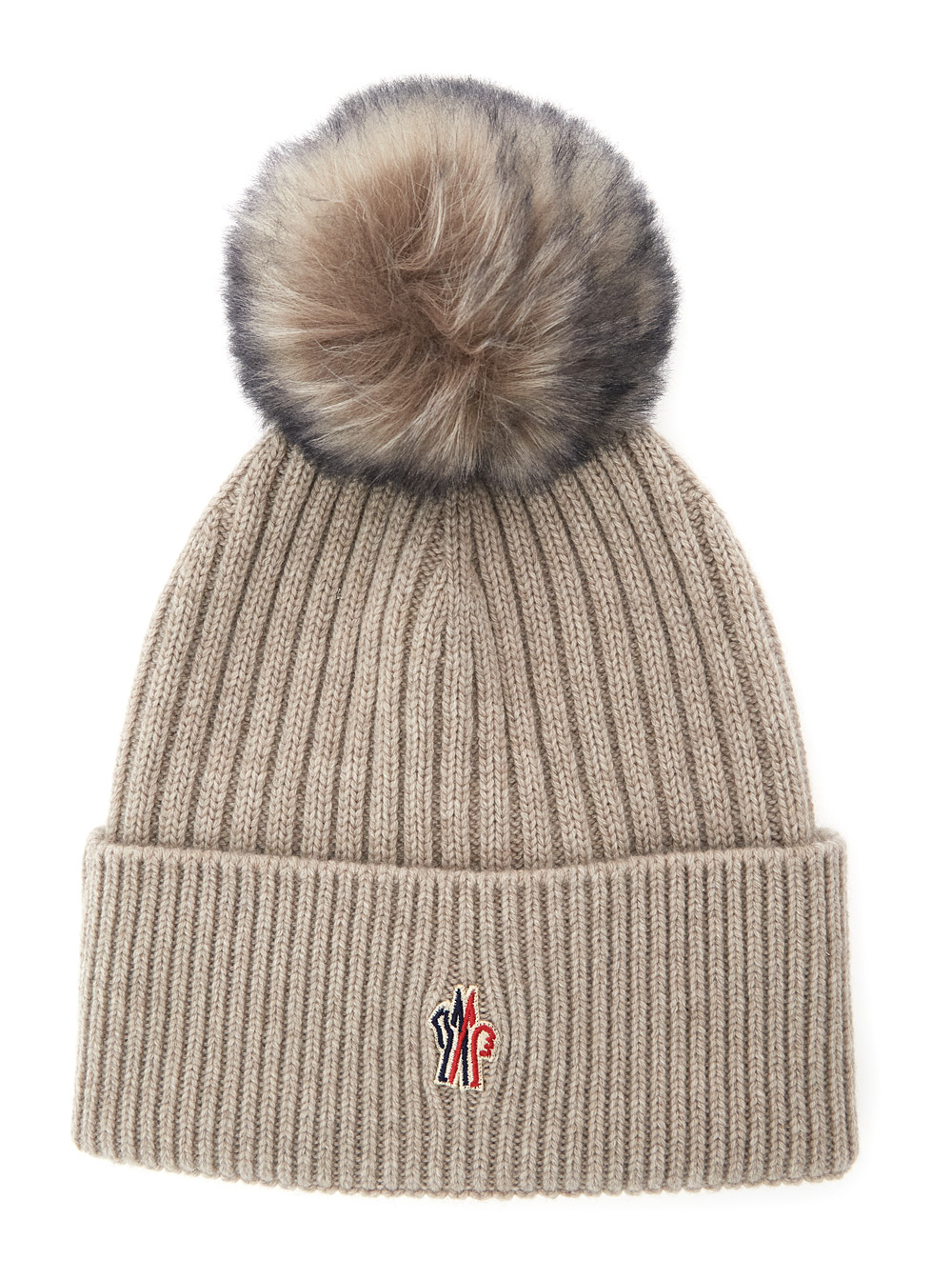 Beige Beanie with Pompon and Logo Patch onthe Front in Cashmere Woman