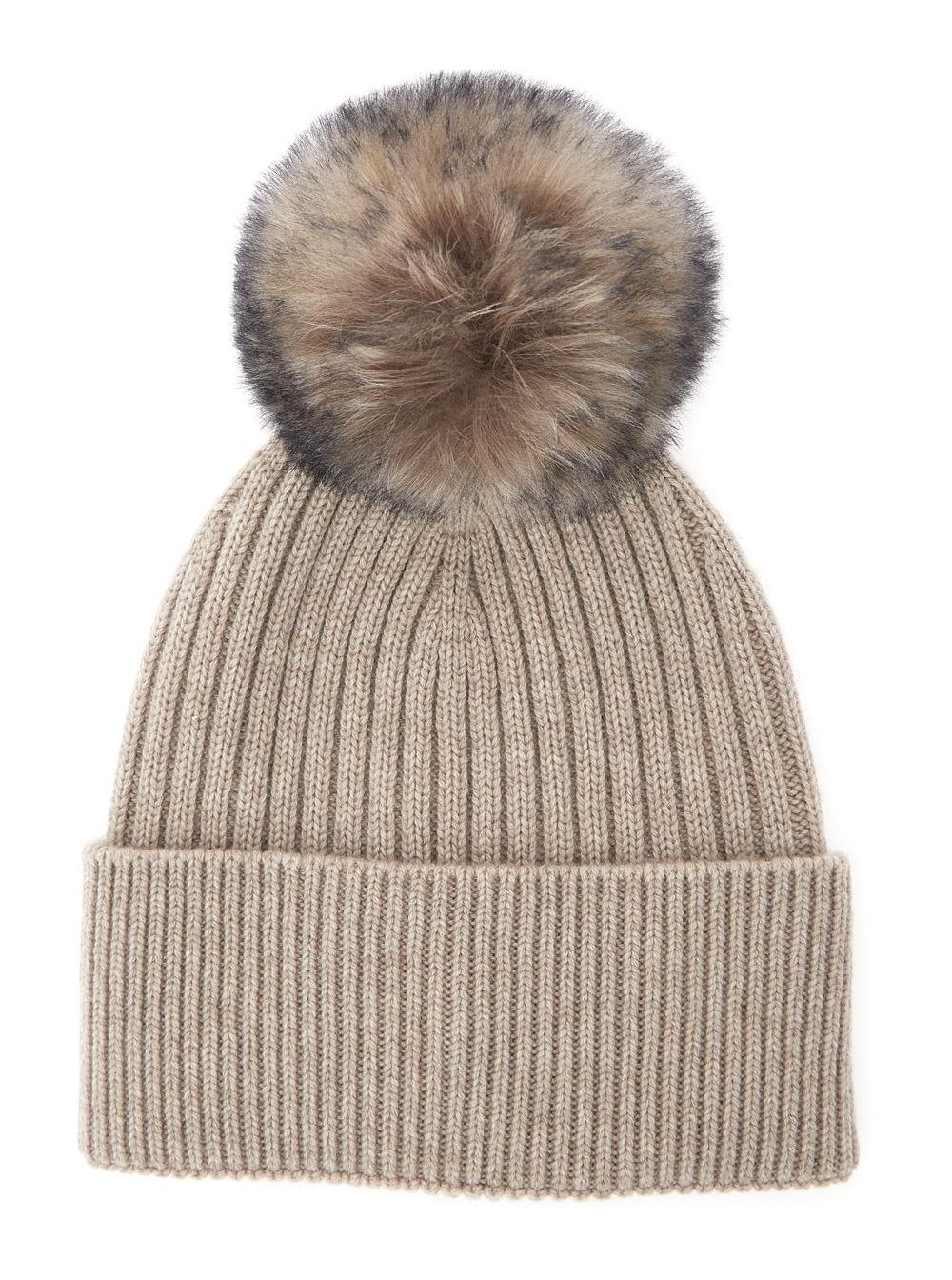Beige Beanie with Pompon and Logo Patch onthe Front in Cashmere Woman hover