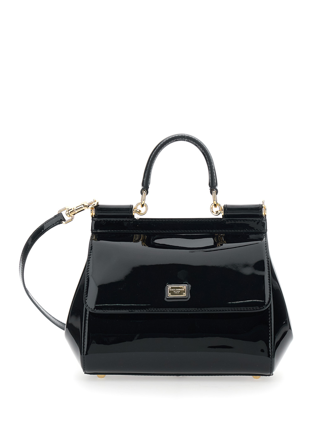 Sicily Medium Black Handbag with Adjustable and Removable Shoulder Strap and Logo Plaque on the Front in Patent Leather Woman