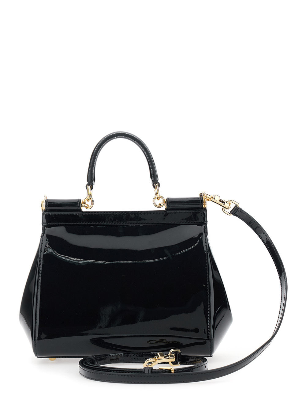 Sicily Medium Black Handbag with Adjustable and Removable Shoulder Strap and Logo Plaque on the Front in Patent Leather Woman hover