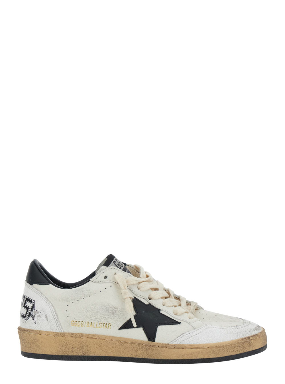 Ballstar Black and White Low Top Sneakers with Star Patch on the Side and Contrasting Heel with Writing in Leather Woman