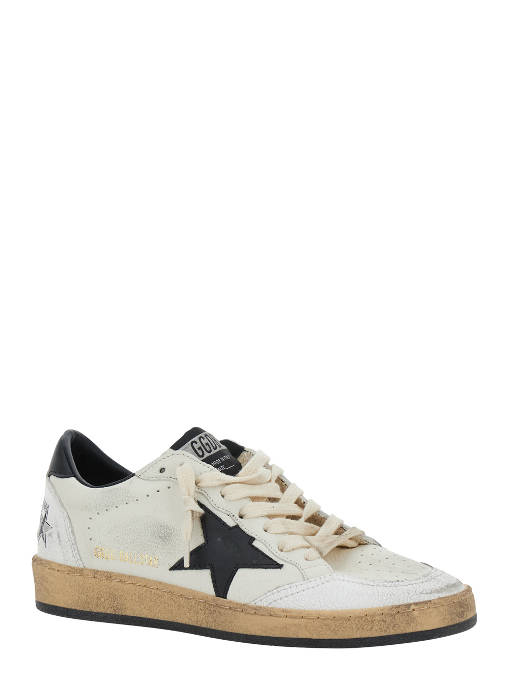 Ballstar Black and White Low Top Sneakers with Star Patch on the Side and Contrasting Heel with Writing in Leather Woman hover