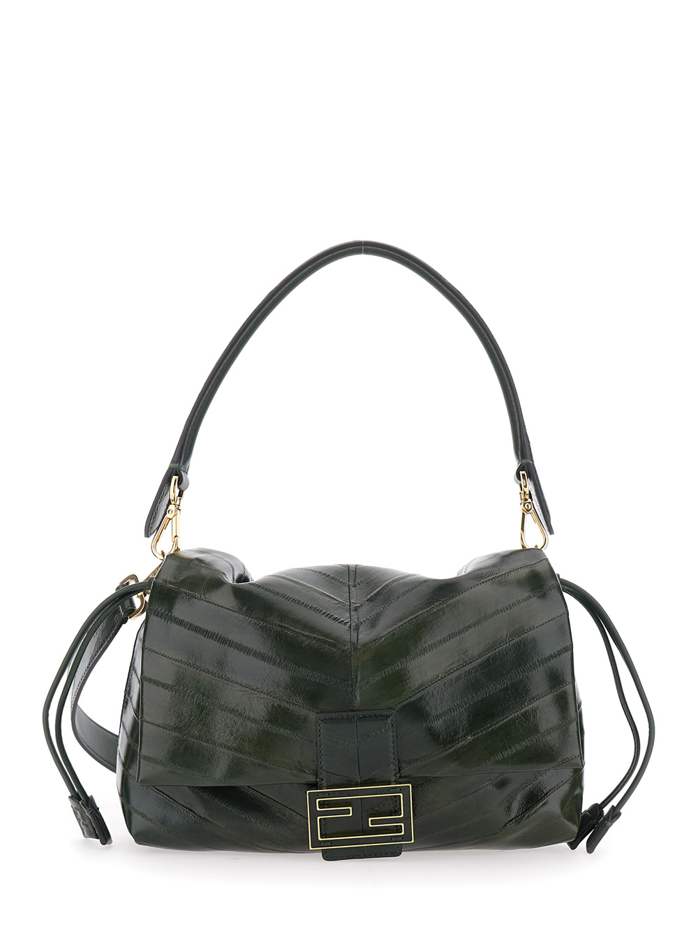 Mamma Baguette Medium Green Shoulder Bag with FF Closure on the Front in Leather Woman