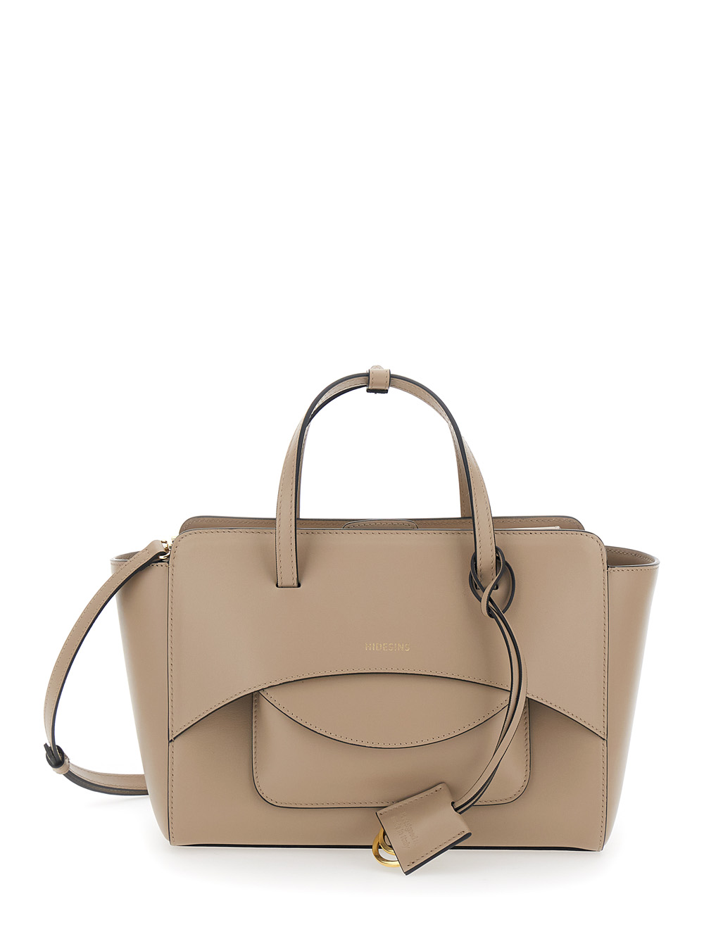 Beige Handbag with Adjustable and Removable Shoulder Strap and Logo Lettering on the Front in Leather Woman