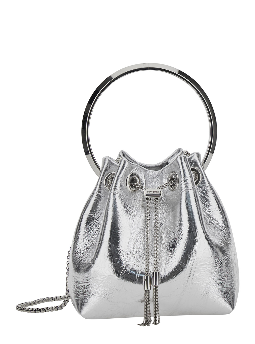 Bon Bon Metallic Handbag with Metal Bracelet Handle and Chain-Link Shoulder Strap in Leather Woman