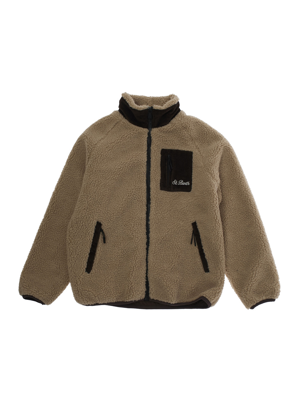 Brown Jacket with High Neck and One Patch Pocket with Logo Lettering on the Front in Fleece Boy