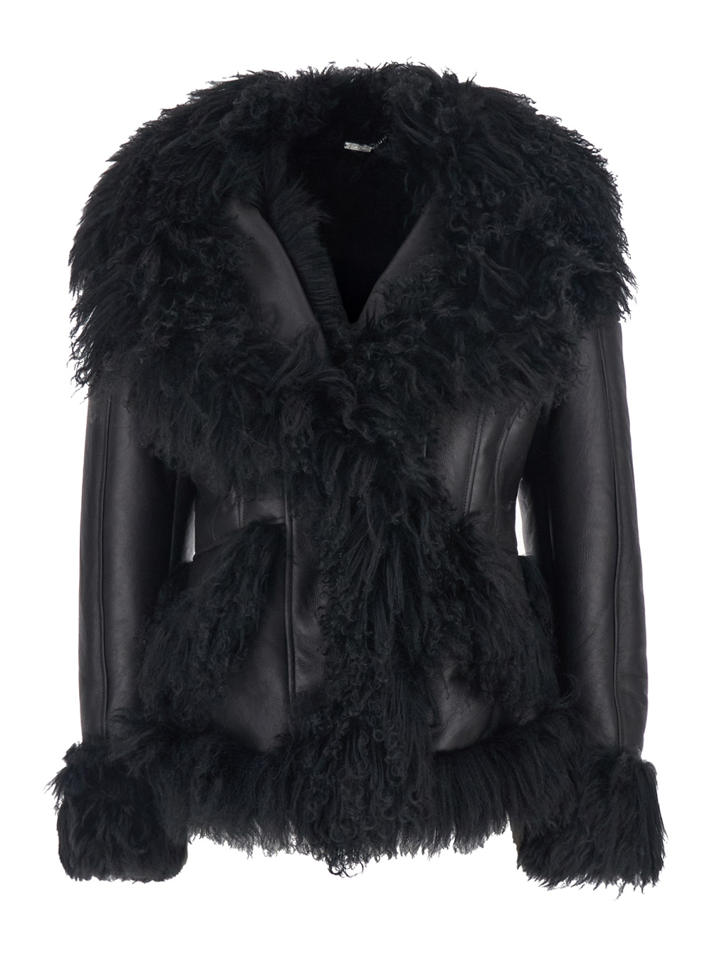 Black Shearling Jacket with Wide Revers and Front Snap Button Closure in Leather and Fur Woman