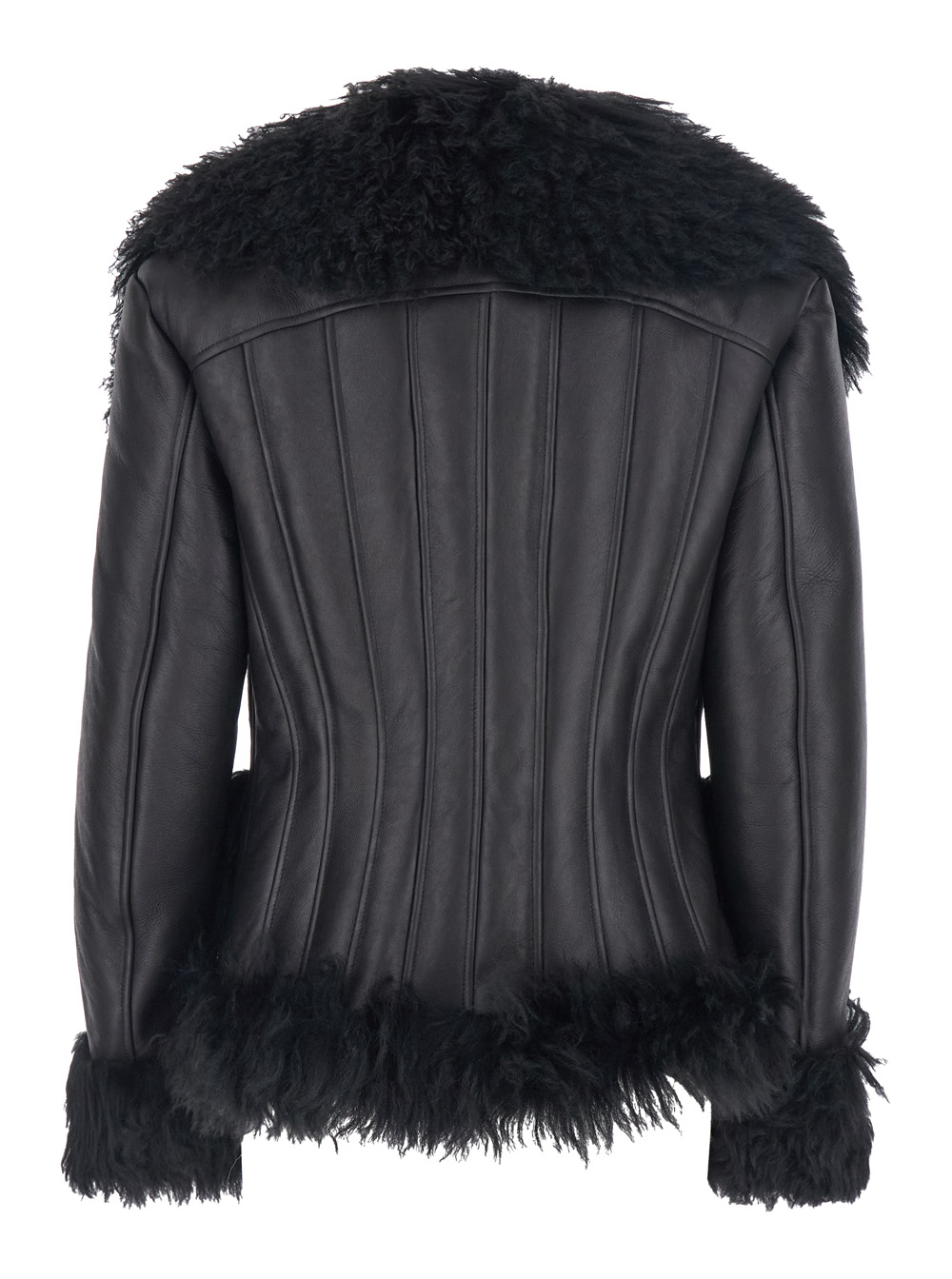 Black Shearling Jacket with Wide Revers and Front Snap Button Closure in Leather and Fur Woman hover