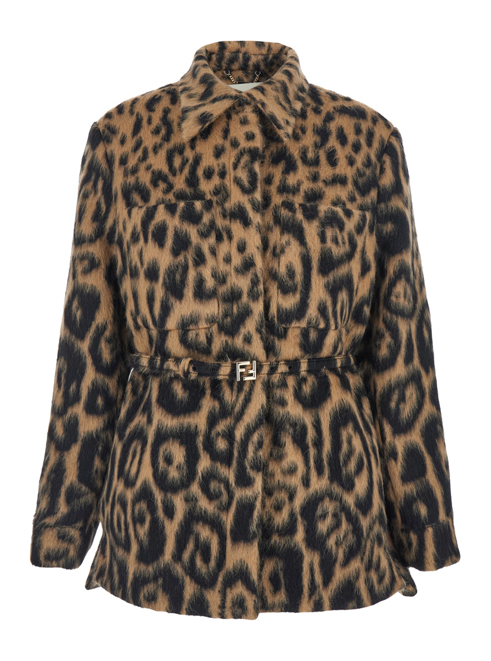 Multicolor Coat with FF Buckled Belt on the Front and All-Over Leopard Motif in Wool Blend Woman