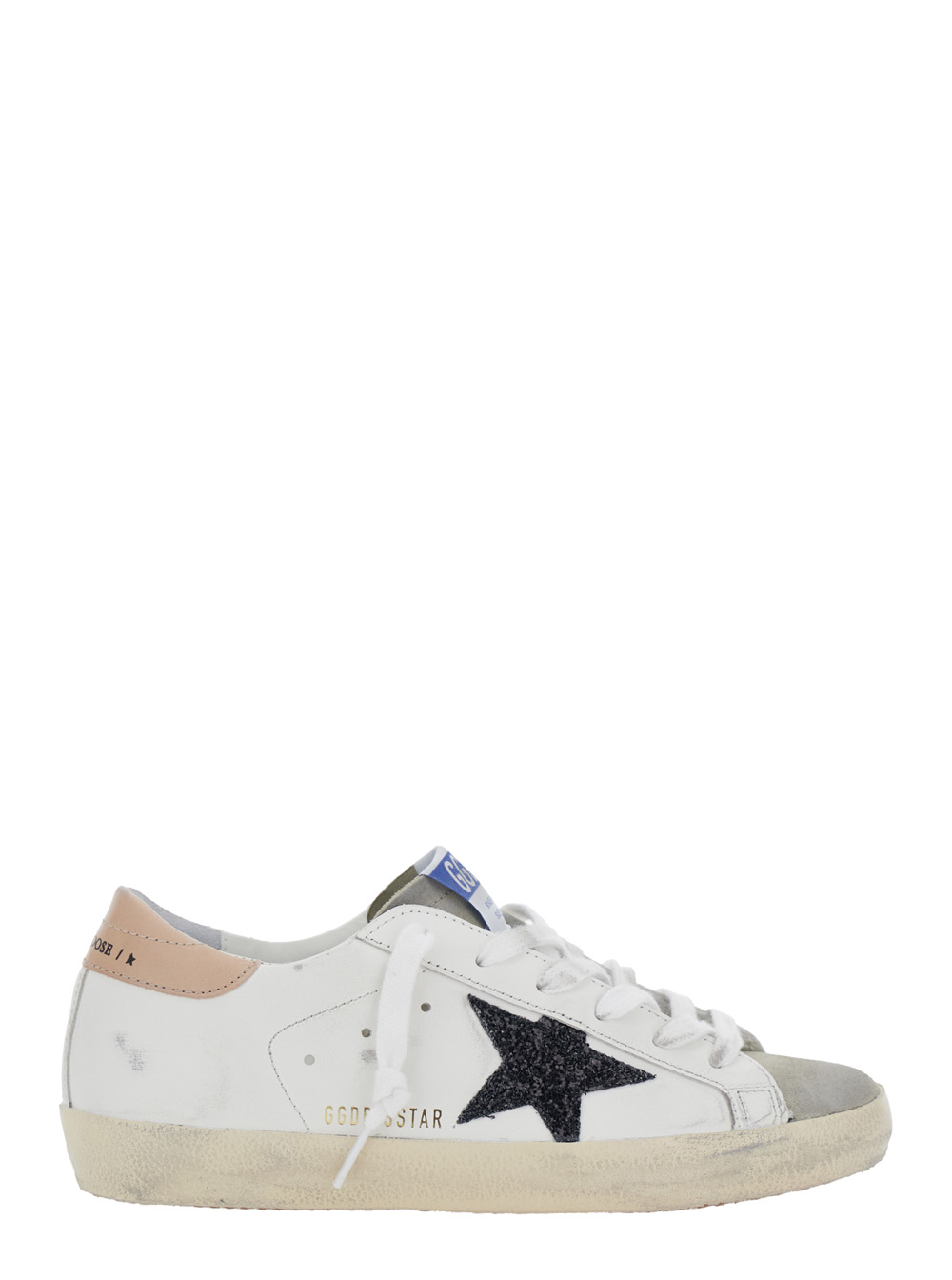 Superstar White Low Top Sneakers with Glittered Star Patch and Laminated Heel with Logo Lettering in Leather Woman