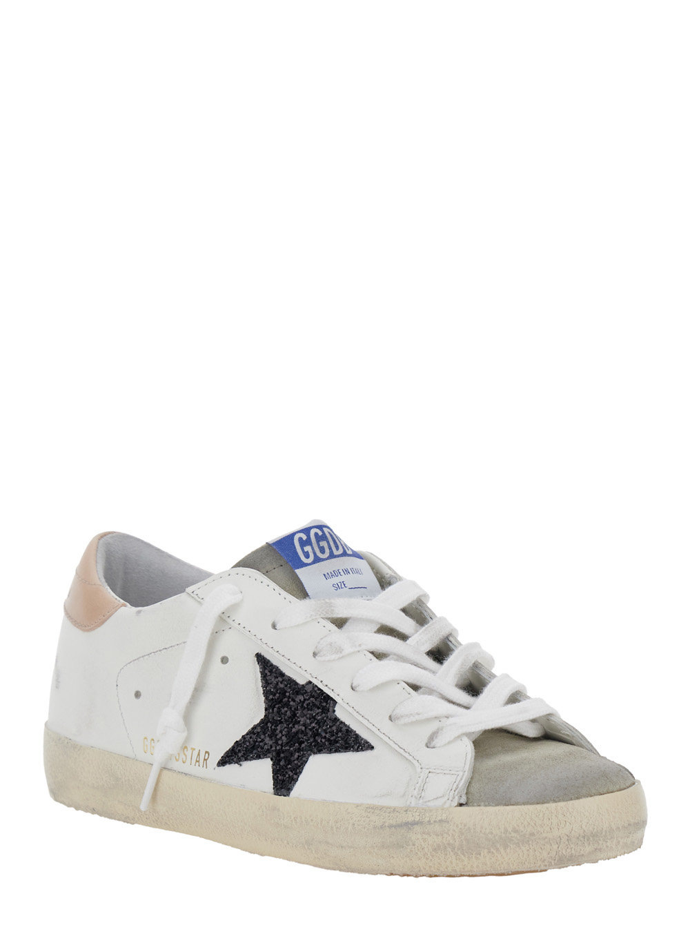 Superstar White Low Top Sneakers with Glittered Star Patch and Laminated Heel with Logo Lettering in Leather Woman hover